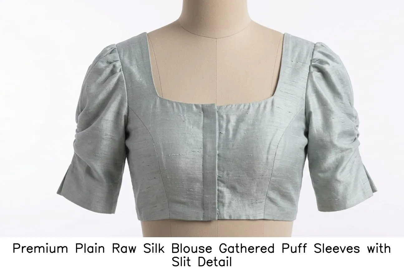 Premium Plain Raw Silk Blouse  Gathered Puff Sleeves with Slit Detail