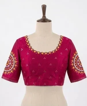 Magenta Raw Silk Bridal Blouse with Mandala kutch  Work & Scalloped Neck