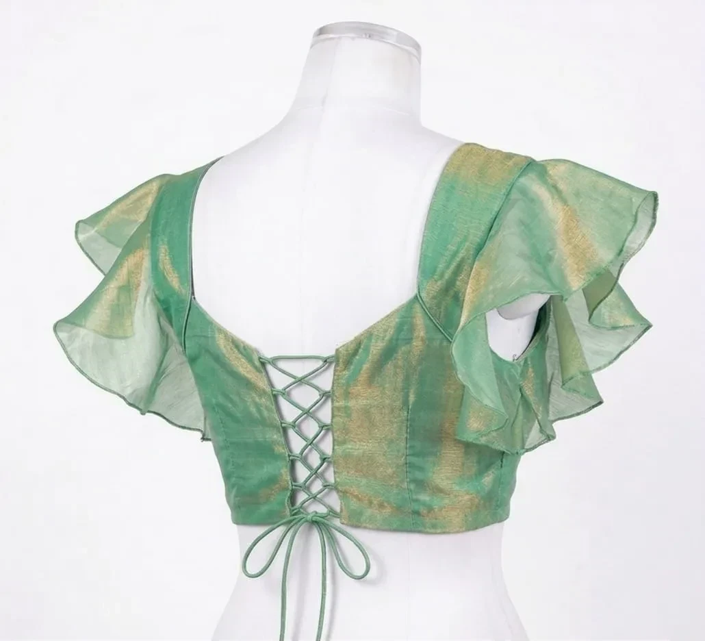 Readymade Party Wear Saree Blouse | Metallic Tissue Silk Square Neck Blouse with Frill Sleeves