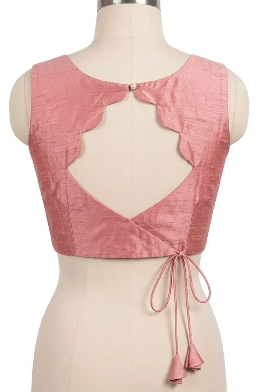 Princess Cut Ethnic Blouse with Scalloped Open Back and Adjustable Side Ties
