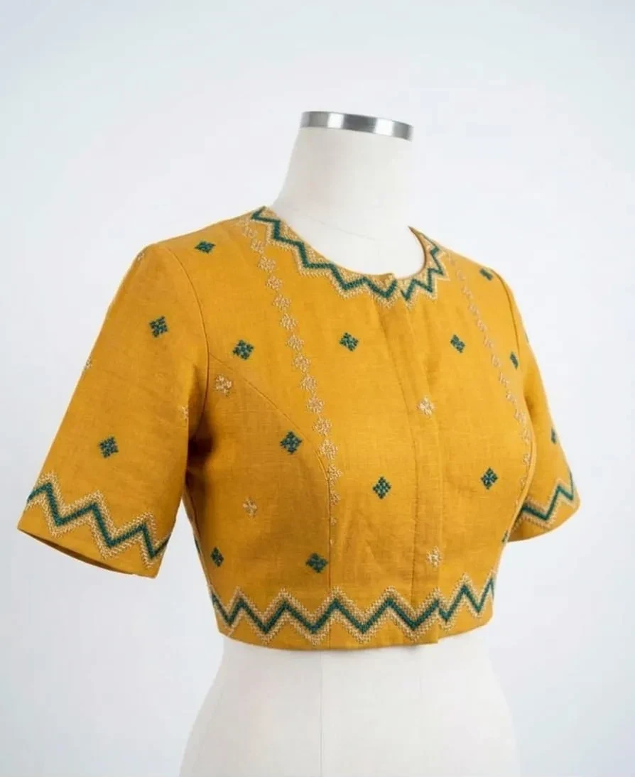 Handcrafted Kutch Work Embroidery Blouse with Traditional Geometric Patterns and Back Zip
