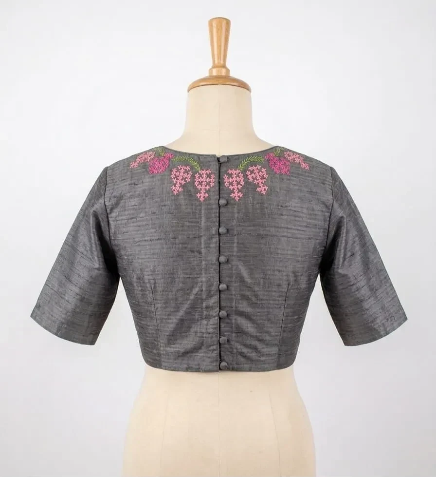 Handloom Cotton Kutch Work Blouse Deep Round Open Back Blouse Design