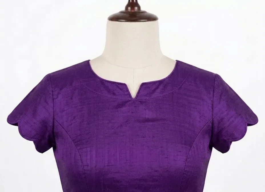 Plain Raw Silk Blouse with Scallop Sleeves and Round Back Cutout