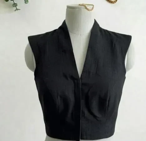 Designer Blue Cotton Sleeveless Blouse with V-Neck Tailored Fit - Versatile Ethnic Waistcoat Top
