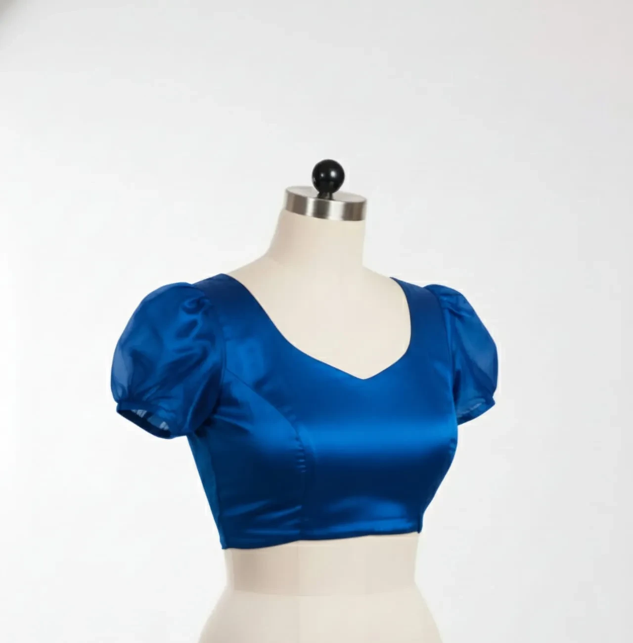 Stunning Blue Puff Sleeve High Neck Saree Blouse  Ready to Wear Elegance