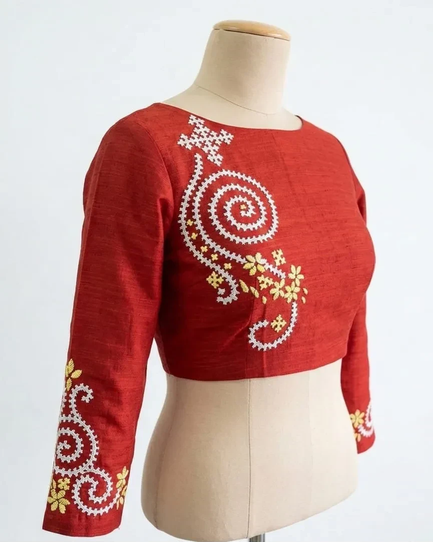 Handcrafted Raw Silk Boat Neck Blouse with Lambani Embroidery