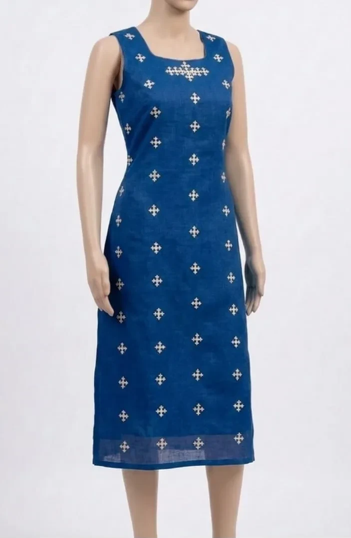 Sleeveless Linen Kurta with All-Over Cross Motif Embroidery | Straight Fit Ethnic Tunic