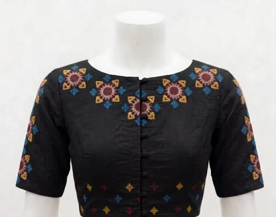 Cream Raw Silk Embroidered Blouse | Ethnic Mandala Motif Elbow Sleeve Crop Top