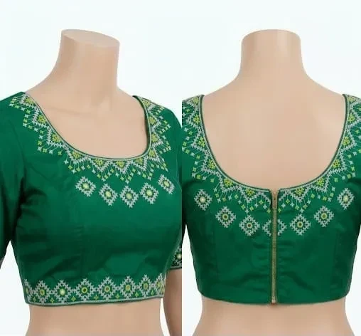 Embroidered Round Neck Raw Silk Blouse – Elegant Ready-made Crop Top Blouse