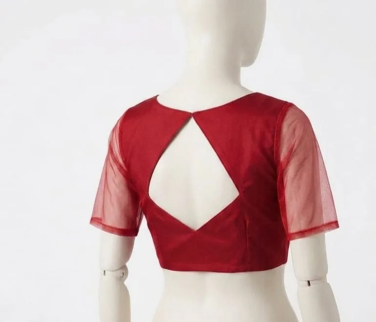 Designer Boat Neck Blouse with Sheer Puff Sleeves - Image 3