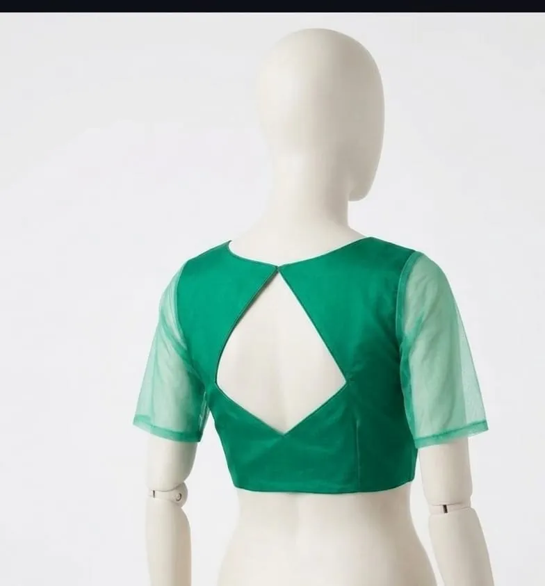 Designer Boat Neck Blouse with Sheer Puff Sleeves - Image 4