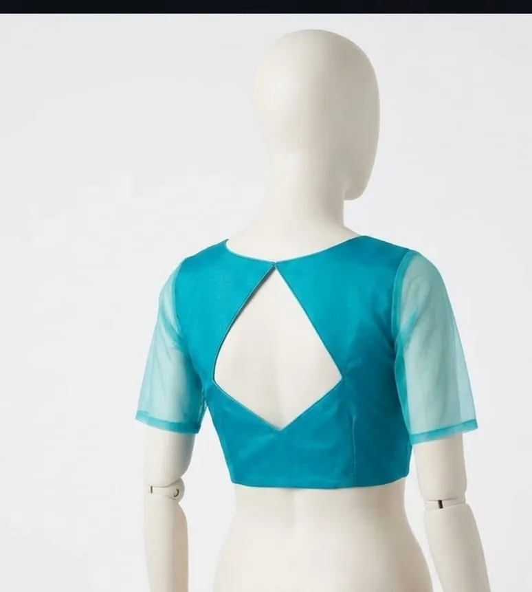 Designer Boat Neck Blouse with Sheer Puff Sleeves - Image 5