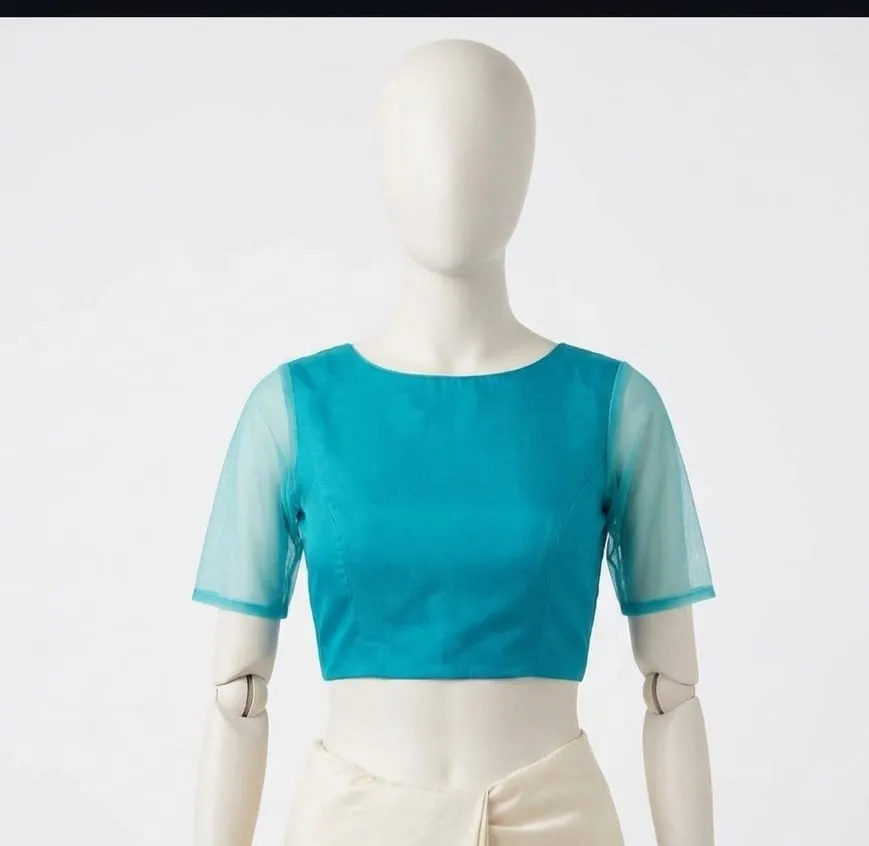Designer Boat Neck Blouse with Sheer Puff Sleeves - Image 6