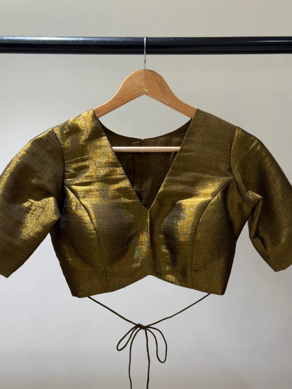 Antique Gold Metallic Shimmer Saree Blouse | Deep V-Neck Raw Silk Half Sleeve Party Wear Blouse