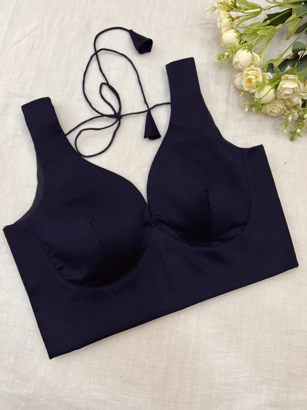 Black Padded Saree Blouse | Deep V-Neck Readymade Blouse