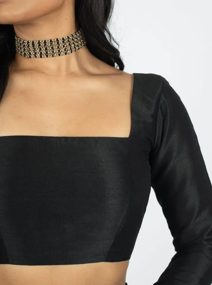 Black/Maroon Square Neck Saree Blouse | Full Sleeve Silk Choli