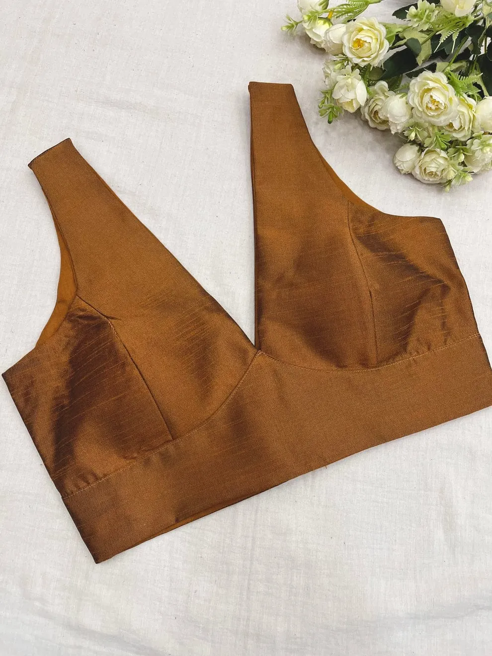 Bronze Brown Raw Silk Saree Blouse | Designer Deep V-Neck Sleeveless Party Wear Blouse for Women