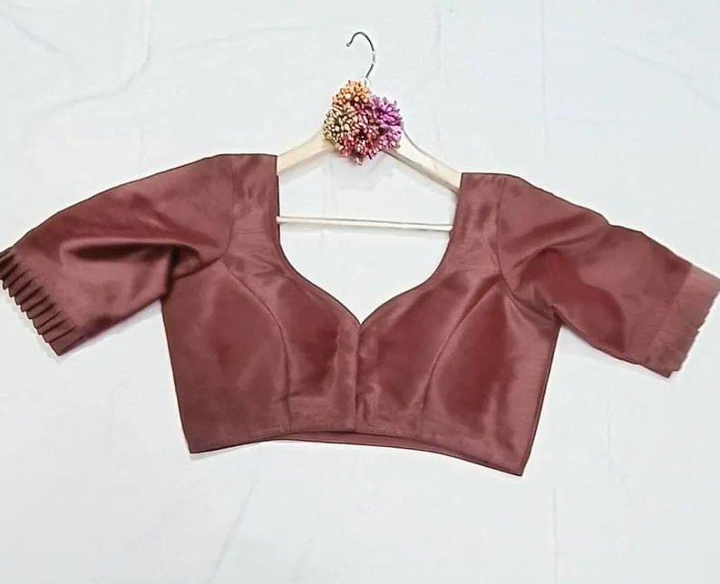 Brown Pleated Sleeve Saree Blouse | Readymade V-Neck Choli