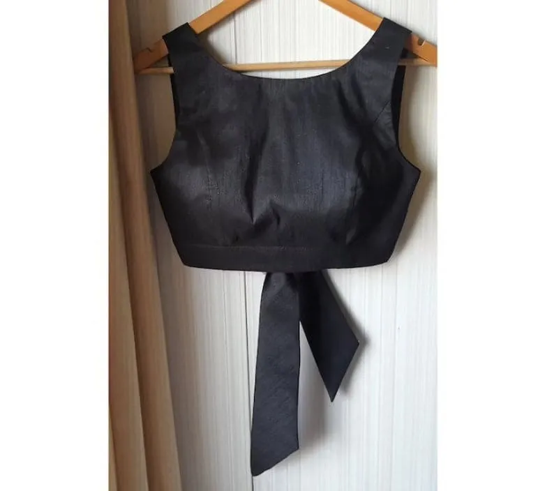Chic Solid Black Raw Silk Tie-Up Blouse | Versatile Ethnic Crop Top for Saree & Lehenga