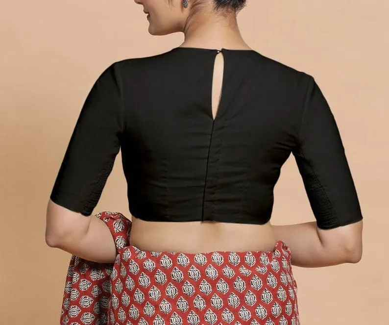 Classic Black Silk Blouse for Saree | Party Wear Ethnic Top with Back Keyhole
