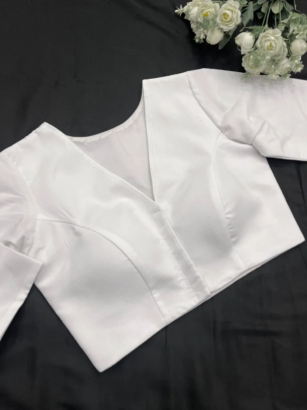 Classic White Raw Silk Blouse – Premium Readymade Saree Blouse with Elbow Sleeves