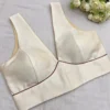 Cream Raw Silk Saree Blouse with Maroon Piping | Designer Deep V-Neck Sleeveless Party Wear Blouse