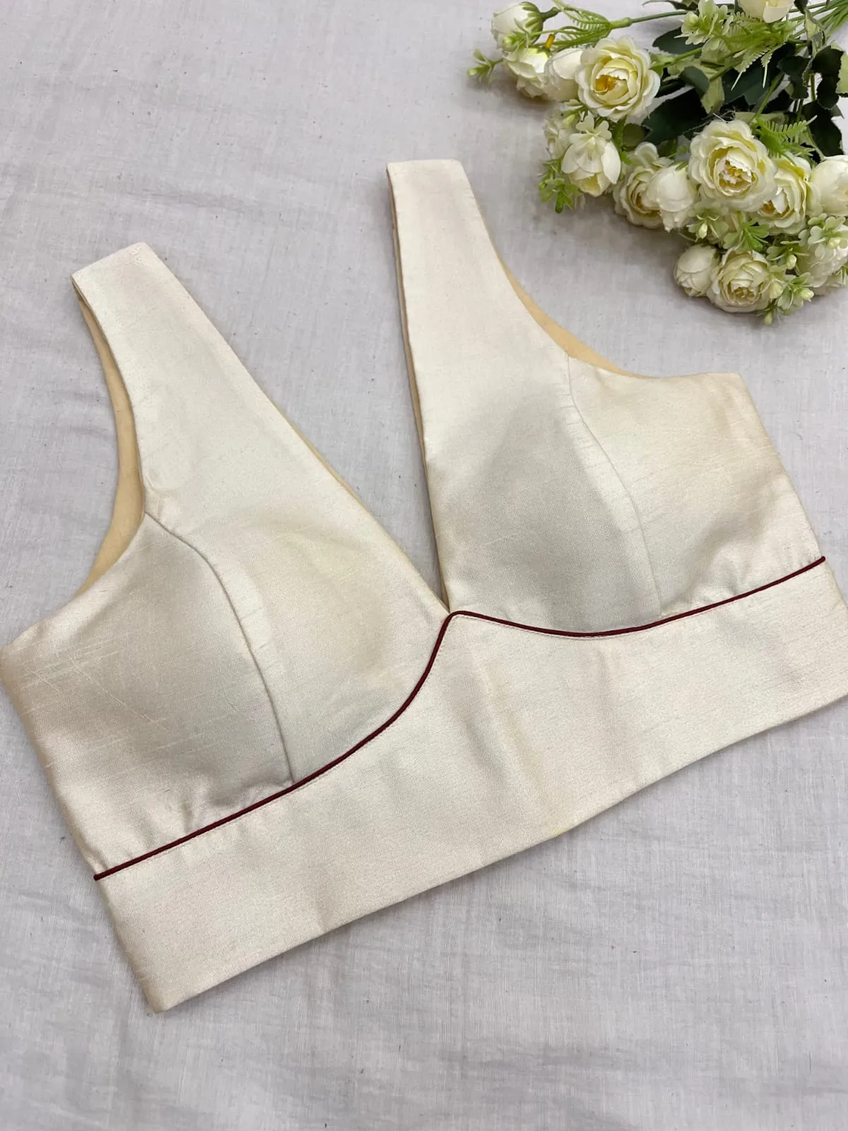 Cream Raw Silk Saree Blouse with Maroon Piping | Designer Deep V-Neck Sleeveless Party Wear Blouse