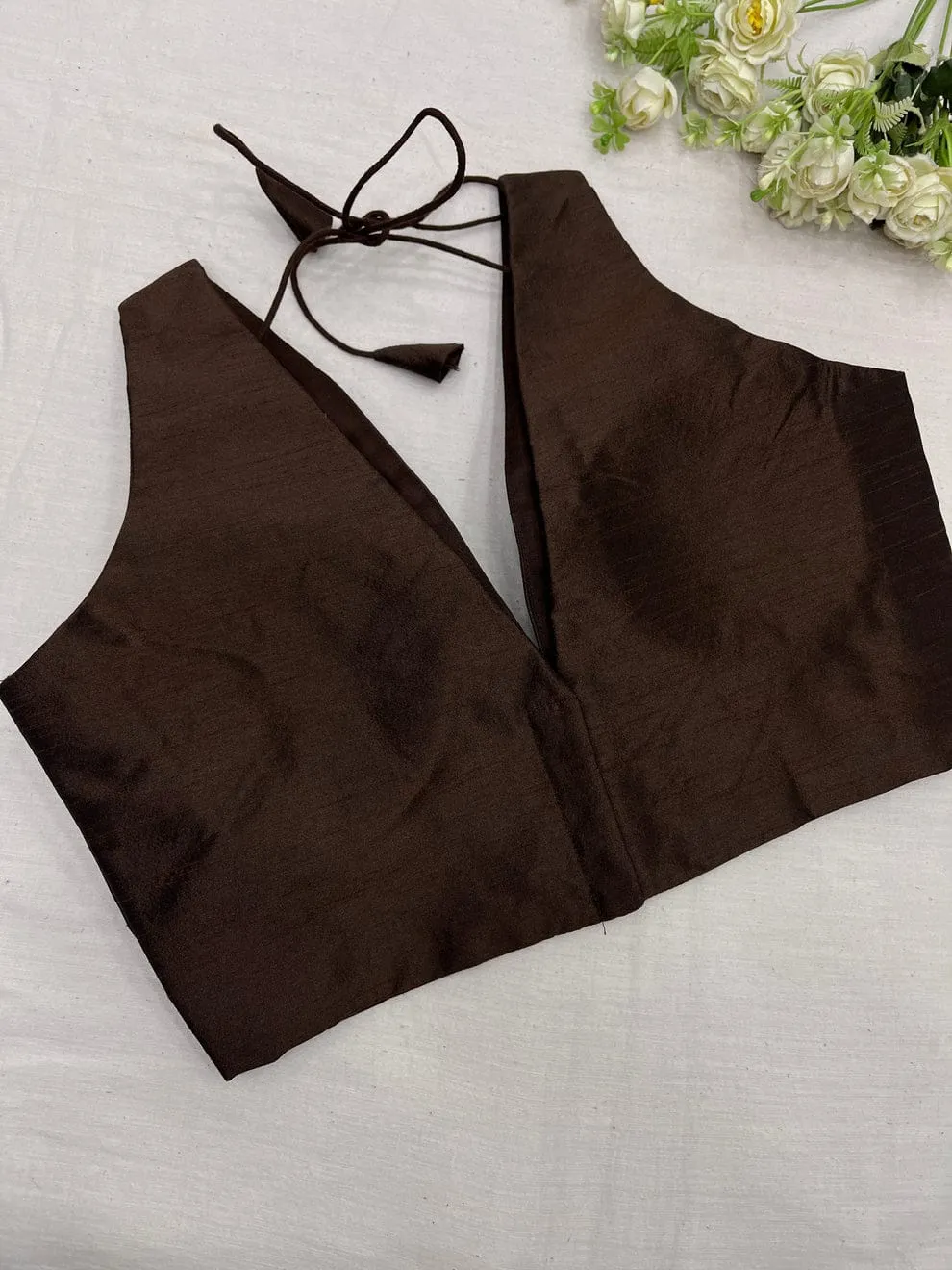 Dark Brown Silk Saree Blouse | Deep V-Neck Readymade Blouse