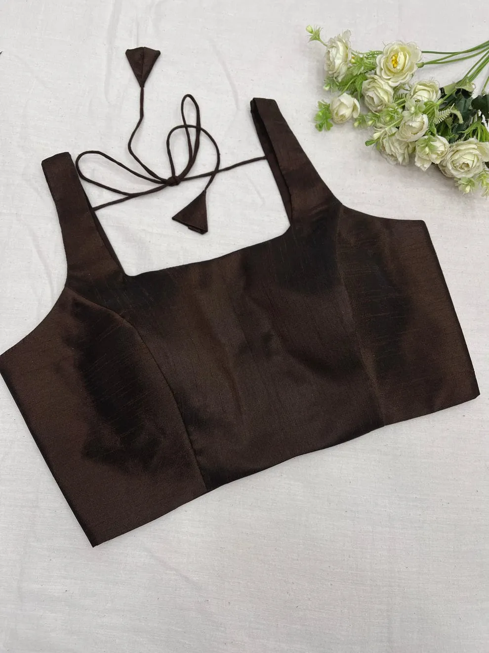 Dark Brown Silk Saree Blouse | Sleeveless Square Neck Readymade Blouse