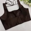 Dark Brown Silk Saree Blouse | Sleeveless Square Neck Readymade Blouse - Image 3