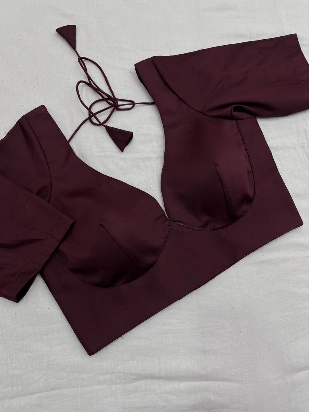 Deep Maroon Silk Saree Blouse | Padded V-Neck Readymade Blouse