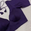 Deep Purple Raw Silk Saree Blouse | Designer Deep V-Neck Half Sleeve Party Wear Blouse with Back Tie