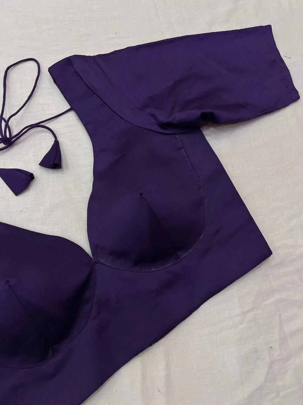 Deep Purple Raw Silk Saree Blouse | Designer Deep V-Neck Half Sleeve Party Wear Blouse with Back Tie