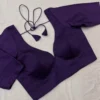 Deep Purple Raw Silk Saree Blouse | Designer Deep V-Neck Half Sleeve Party Wear Blouse with Back Tie - Image 3