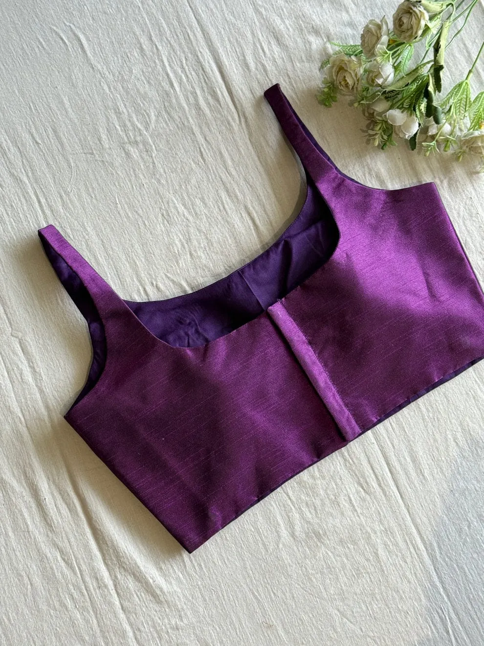 Deep Purple Raw Silk Saree Blouse | Sleeveless Square Neck Readymade Blouse - Image 2