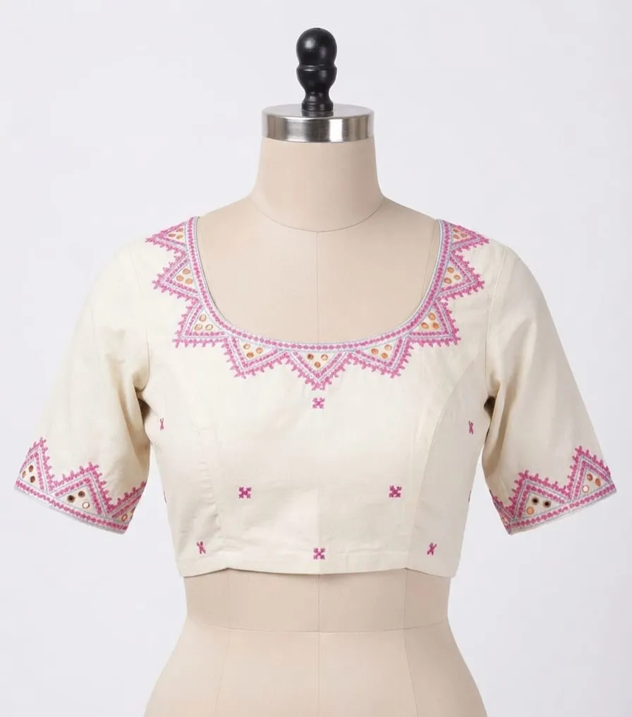 Designer Mirror Work Cotton Blouse – Elegant Scoop Neck Ethnic Wear for Sarees