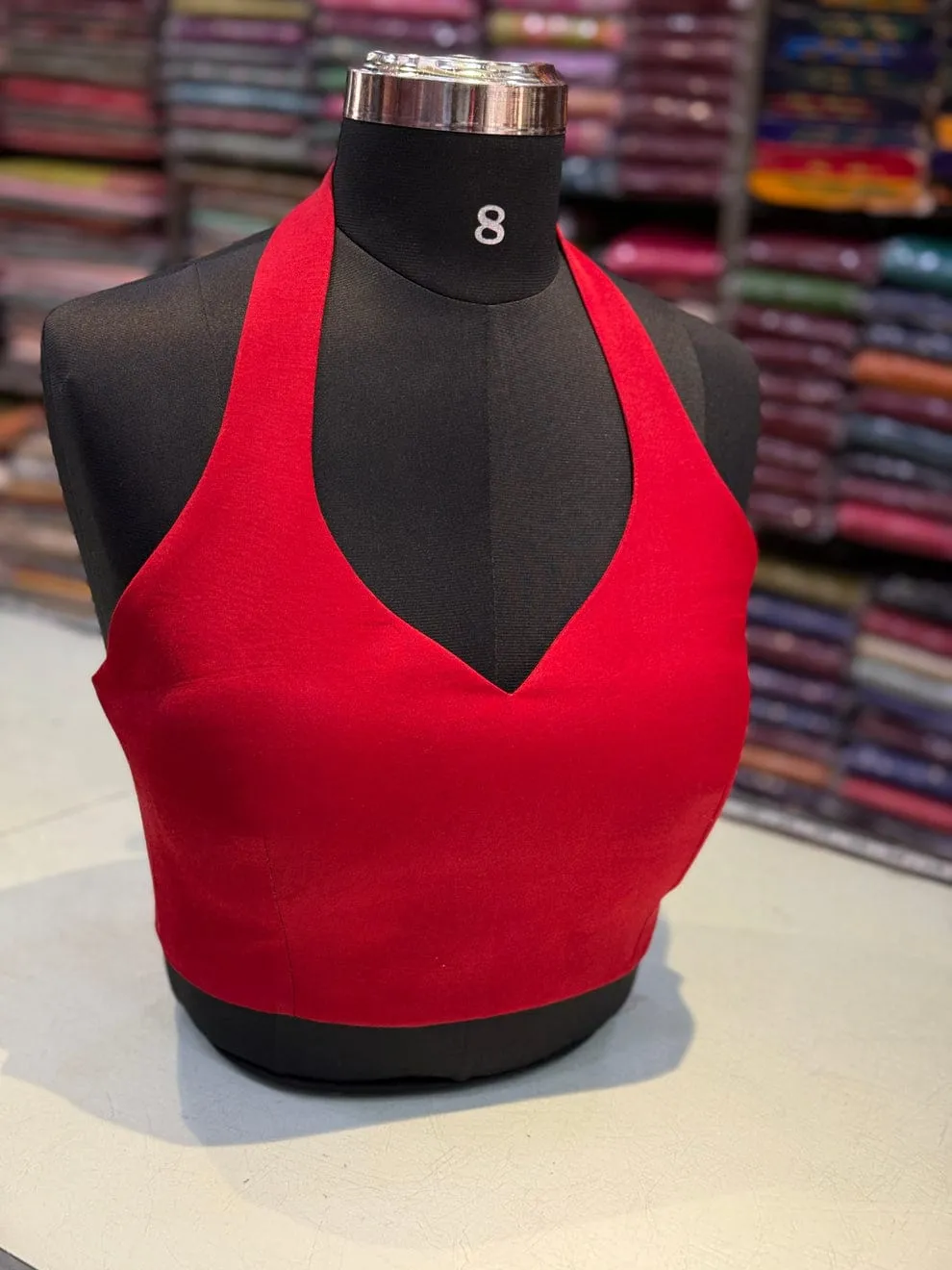 Designer Red Halter Neck Saree Blouse – Elegant Ready-to-Wear Backless Blouse