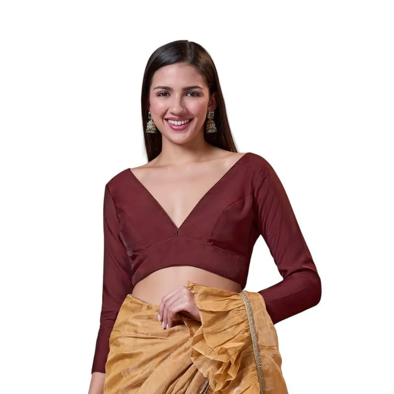 Designer Solid Color Silk Saree Blouse | Full-Sleeve Party Wear Ethnic Top