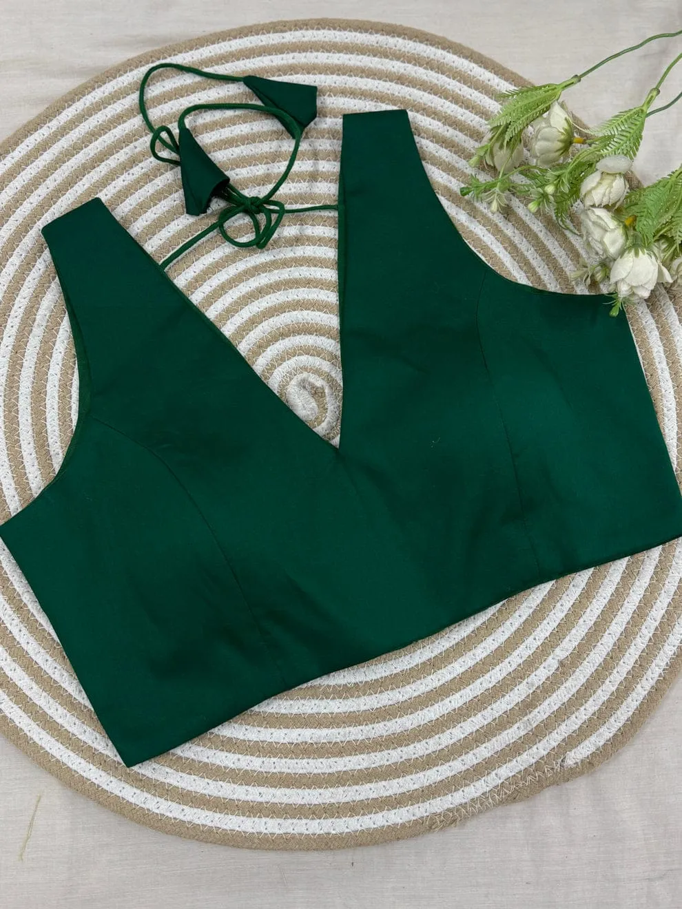 Elegant Emerald Green Sleeveless Blouse with Dori Tie-Back – Ready-to-Wear Silk Saree Blouse