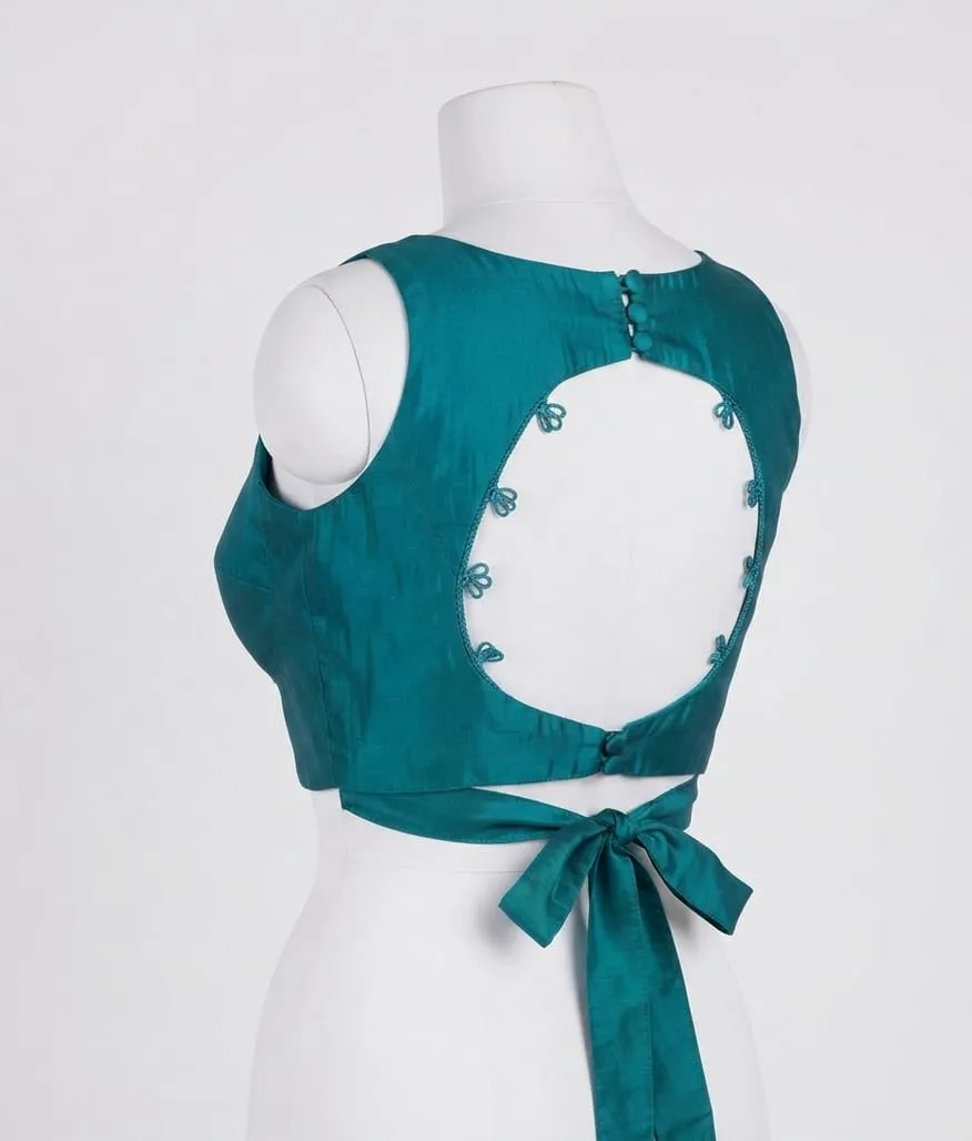 Elegant Teal Silk Front-Button Blouse with Tie-Up Back | Premium Ethnic Crop Top