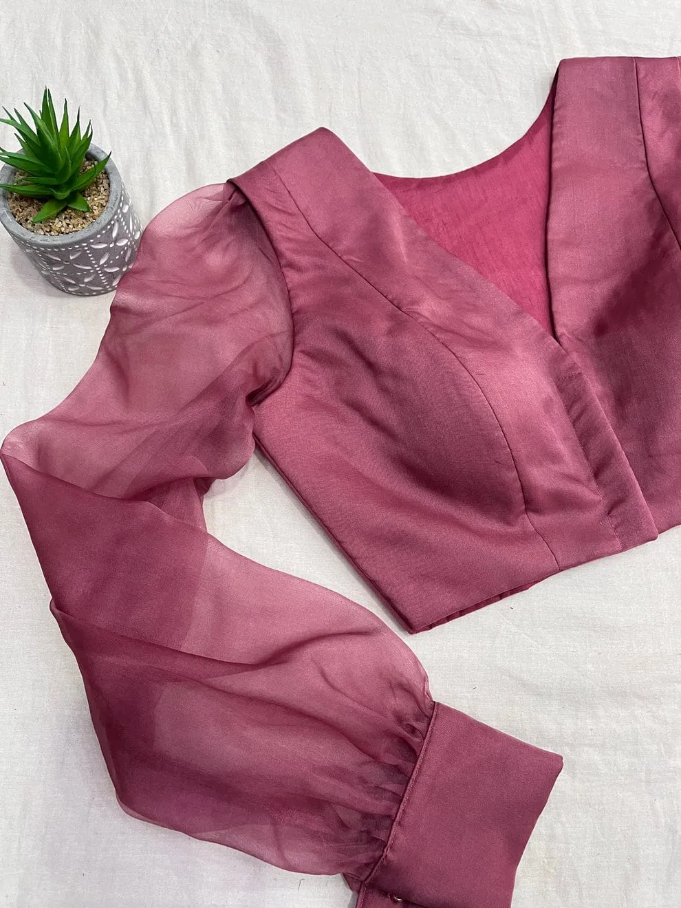 Elegant V-Neck Readymade Blouse – Dusty Pink with Statement Organza Sleeves