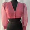 Elegant V-Neck Readymade Blouse – Dusty Pink with Statement Organza Sleeves - Image 2