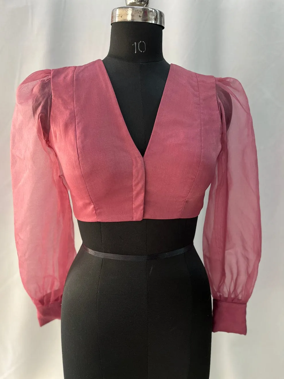 Elegant V-Neck Readymade Blouse – Dusty Pink with Statement Organza Sleeves - Image 2