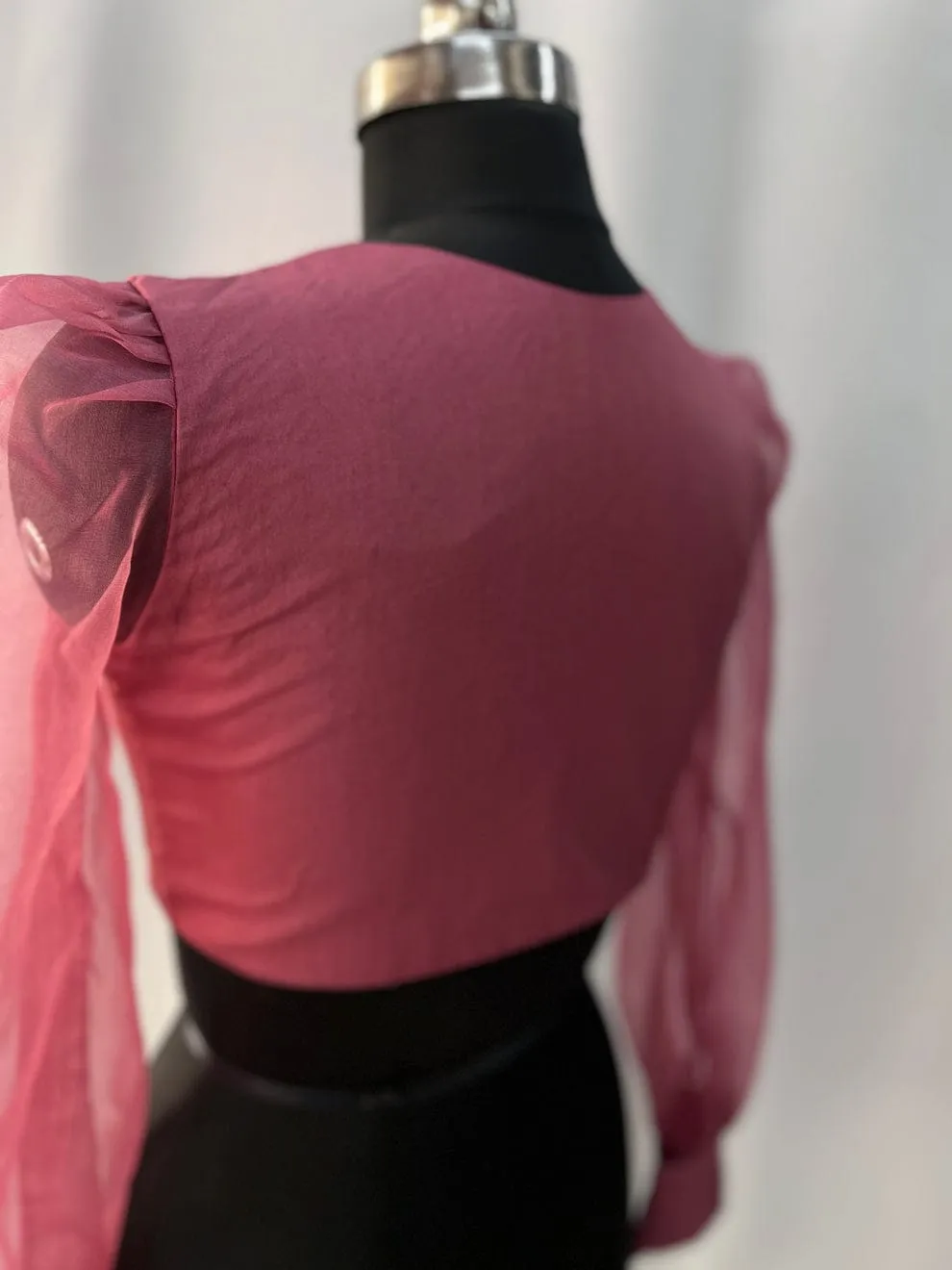 Elegant V-Neck Readymade Blouse – Dusty Pink with Statement Organza Sleeves - Image 3
