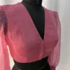 Elegant V-Neck Readymade Blouse – Dusty Pink with Statement Organza Sleeves - Image 4