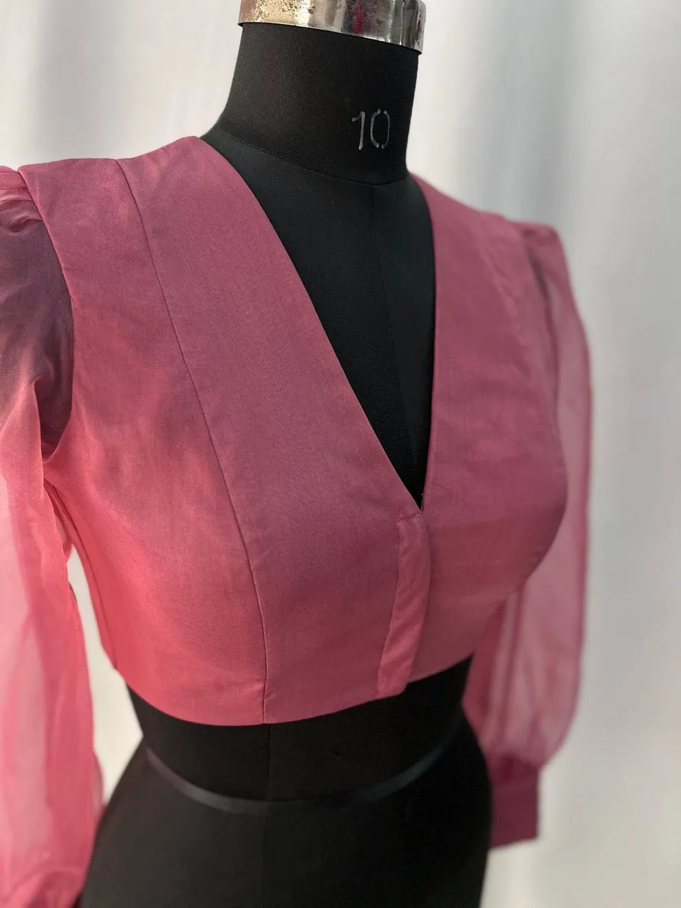 Elegant V-Neck Readymade Blouse – Dusty Pink with Statement Organza Sleeves - Image 4