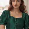 Emerald Green Puff Sleeve Saree Blouse | Designer Front-Button Ethnic Choli