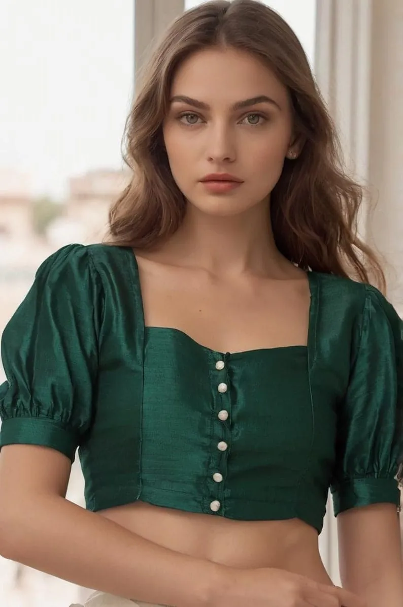 Emerald Green Puff Sleeve Saree Blouse | Designer Front-Button Ethnic Choli
