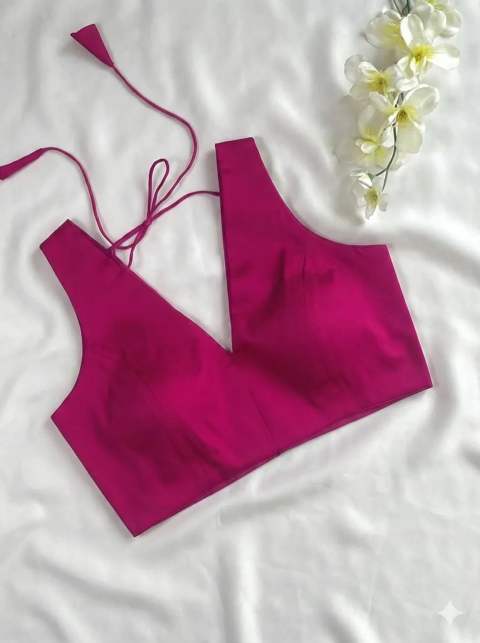 Fuchsia Pink Raw Silk V-Neck Sleeveless Blouse – Premium Readymade Saree Blouse