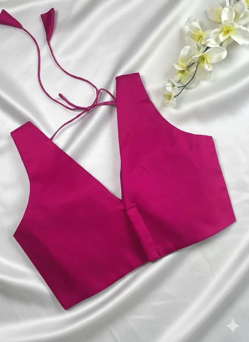 Fuchsia Pink Raw Silk V-Neck Sleeveless Blouse – Premium Readymade Saree Blouse - Image 3